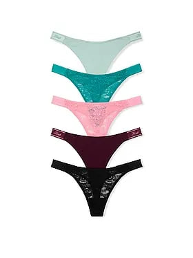 5-Pack Lace Logo Cotton High-Leg Thong Panties