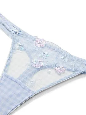 Gingham Embroidery Mesh Thong Panty