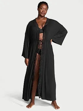 SoSoftâ¢ Modal Ribbed Lace-Trim Long Robe