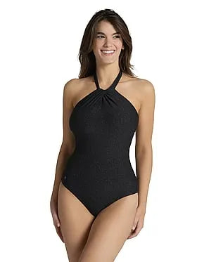 Shiny Plunge Shaping Halter Neck One-Piece Swimsuit