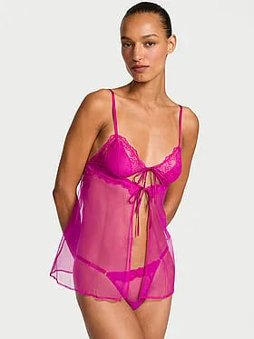Sheer Rose Lace Triangle Babydoll Set