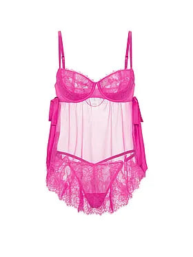 Wicked Sheer Unlined Lace-Trim Babydoll Set