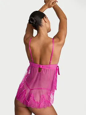 Wicked Sheer Unlined Lace-Trim Babydoll Set