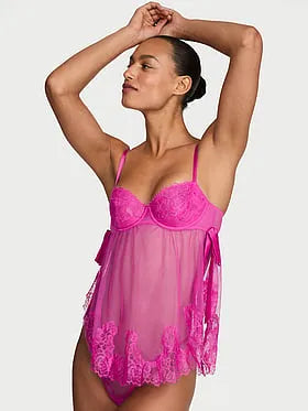 Wicked Sheer Unlined Lace-Trim Babydoll Set