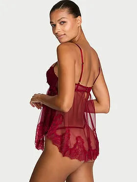 Wicked Sheer Unlined Lace-Trim Babydoll Set