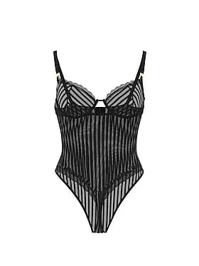 Tease Sheer Stripe Lace-Trim Cupped Bodysuit