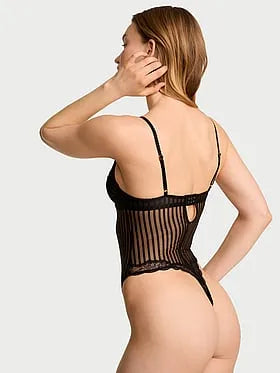 Tease Sheer Stripe Lace-Trim Cupped Bodysuit
