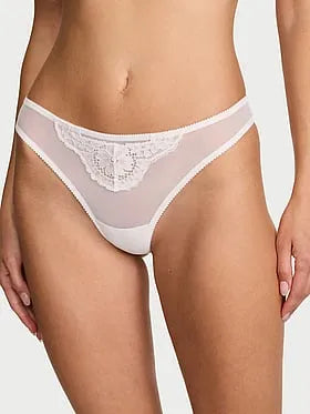 Mesh Lace-Trim Twinkle Bow Thong Panty