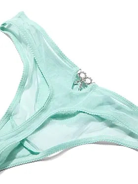 Mesh Lace-Trim Twinkle Bow Thong Panty