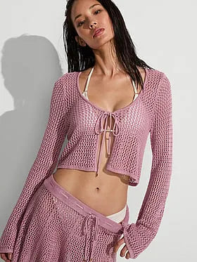 Beachwear Crochet Tie-Front Long-Sleeve Top