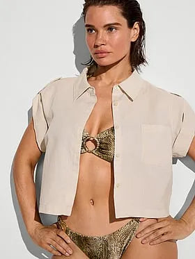 Beachwear Linen Boxy Short-Sleeve Top