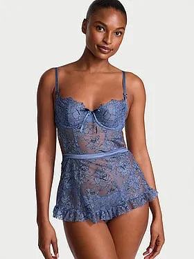 Wicked Unlined Denim Rose Lace Apron Set