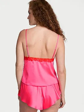 Satin Rose Lace-Trim Cami & Flutter Short Set