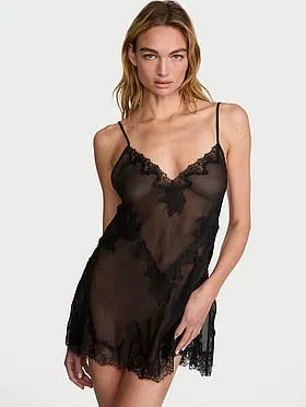 Chiffon Rose Lace-Trim Mini Slip Dress