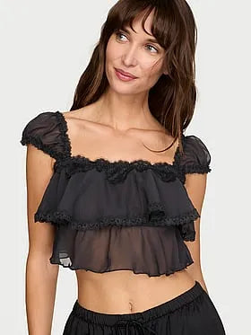 Chiffon Lace-Trim Cap-Sleeve Top