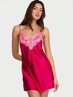 Satin Lace-Trim Short Slip Dress