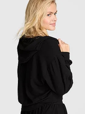Soft Modal Bubble-Sleeve Full-Zip Cropped Hoodie
