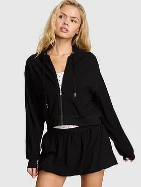 Soft Modal Bubble-Sleeve Full-Zip Cropped Hoodie