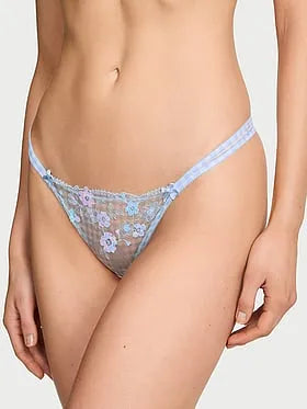 Gingham Embroidery Mesh Thong Panty