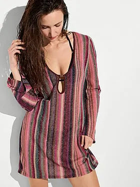 Beachwear Shimmer Knit Long-Sleeve Mini Dress
