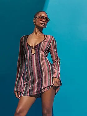 Beachwear Shimmer Knit Long-Sleeve Mini Dress