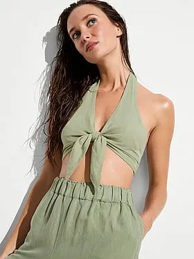 Beachwear Linen Tie-Front Halter Top