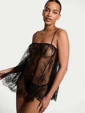 Rose Lace Straight-Neck Babydoll Set