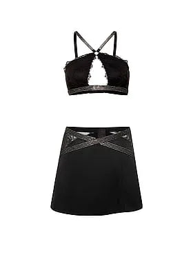 Shine Strap Lace Halter Bralette & Mini Skirt Set