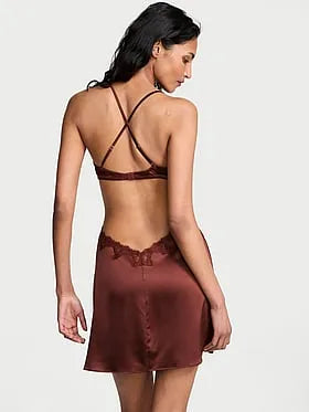 Satin Rose Lace-Trim Cut-Out Mini Slip Dress