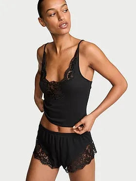 Pointelle Rib Lace-Trim Cami & Short Set
