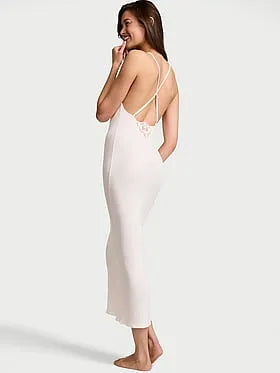 Pointelle Rib Lace-Trim Maxi Slip Dress