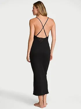 Pointelle Rib Lace-Trim Maxi Slip Dress