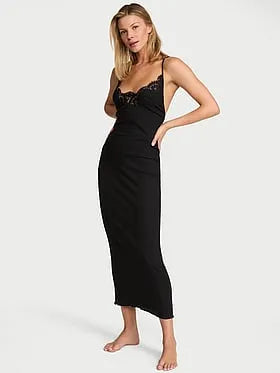Pointelle Rib Lace-Trim Maxi Slip Dress