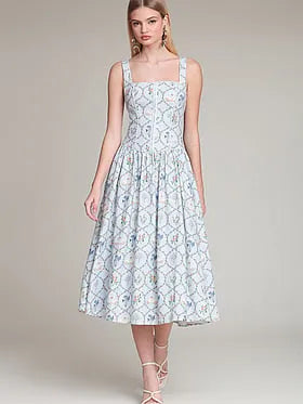 Floral Lattice Linen Blend Midi Dress