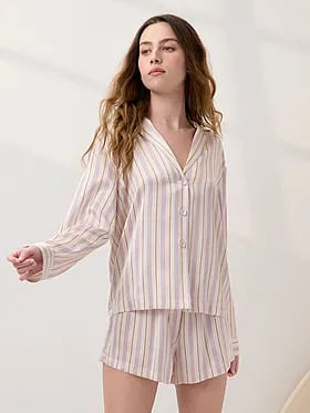 Washable Silk Button Up Long-Sleeve Short Set