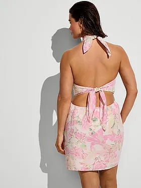 Beachwear Linen Halter Tie-Back Mini Dress