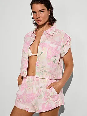 Beachwear Linen Boxy Short-Sleeve Top