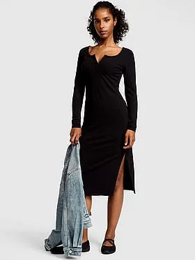 All-Day Soft Rib Long-Sleeve Midi Dress