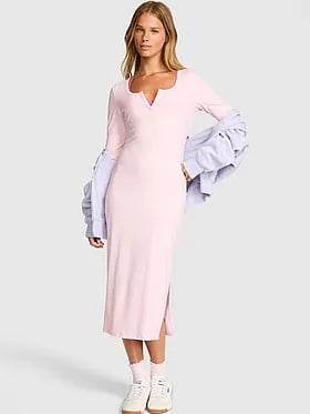 All-Day Soft Rib Long-Sleeve Midi Dress