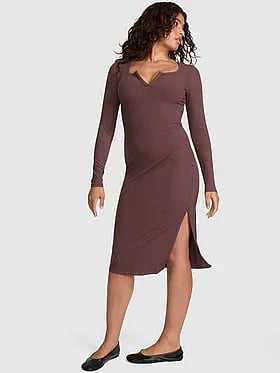 All-Day Soft Rib Long-Sleeve Midi Dress