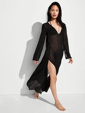 Beachwear Sheer Crinkle Plunge Caftan
