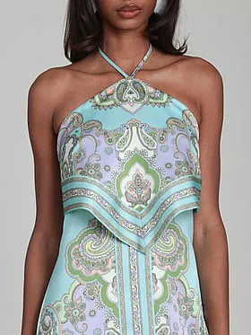 Paisley Satin Scarf Halter Mini Dress