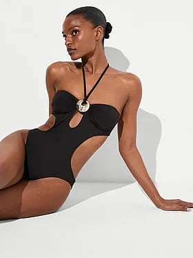 Hammered Hardware Cut-Out Halter One-Piece Swimsuit