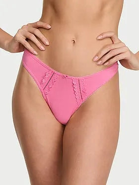 Cotton Lace-Trim High-Leg Scoop Thong Panty