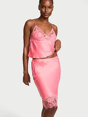Satin Lace-Trim Skirt