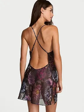 Midnight Dahlias Chiffon Open-Back Slip Dress