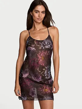 Midnight Dahlias Chiffon Open-Back Slip Dress