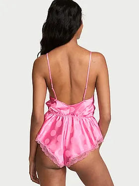Tease Dot Satin Lace-Trim Flutter Romper