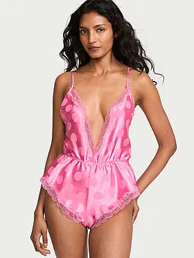 Tease Dot Satin Lace-Trim Flutter Romper