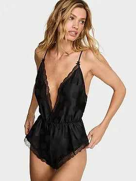 Tease Dot Satin Lace-Trim Flutter Romper